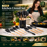 13-Piece Premium Kitchen Utensil Set with Wooden Handles – Cooking & Serving Tools