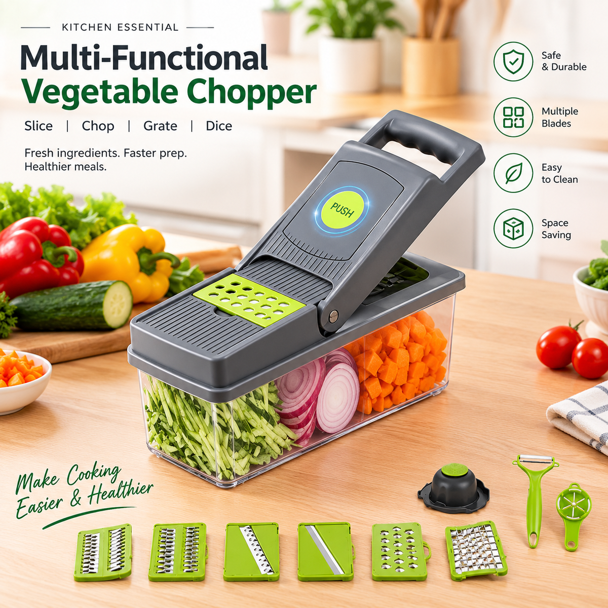 Premium Multi-Function Vegetable Chopper – 8-in-1 Manual Food Slicer, Dicer & Grater