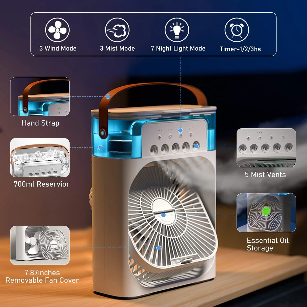 Portable Air Cooler & Humidifier with 3 Wind Modes, 3 Mist Modes & 7-Color Night Light – 700ml Water Tank