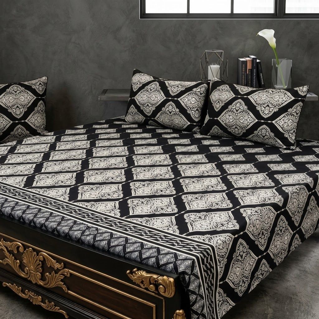 Luxury Black & White Printed Bedsheet Set – Elegant Comfort for a Stylish Bedroom