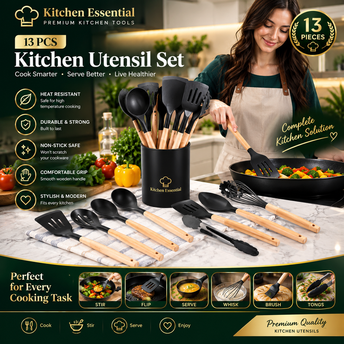 13-Piece Premium Kitchen Utensil Set with Wooden Handles – Cooking & Serving Tools