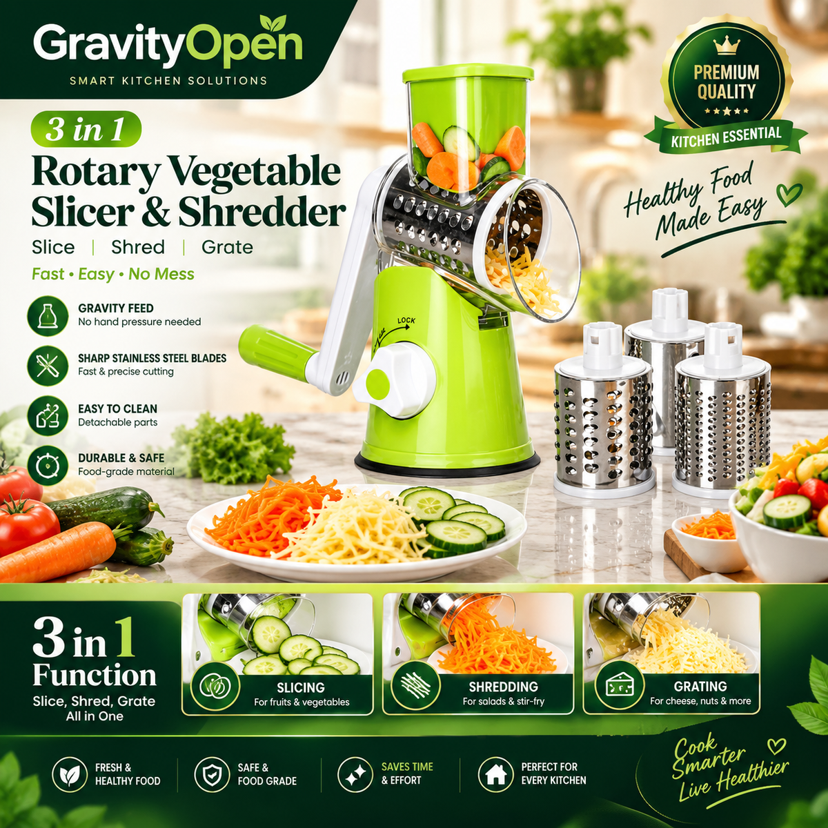 3-in-1 Manual Rotary Vegetable Slicer, Shredder & Grater – Multi-Function Kitchen Cutter