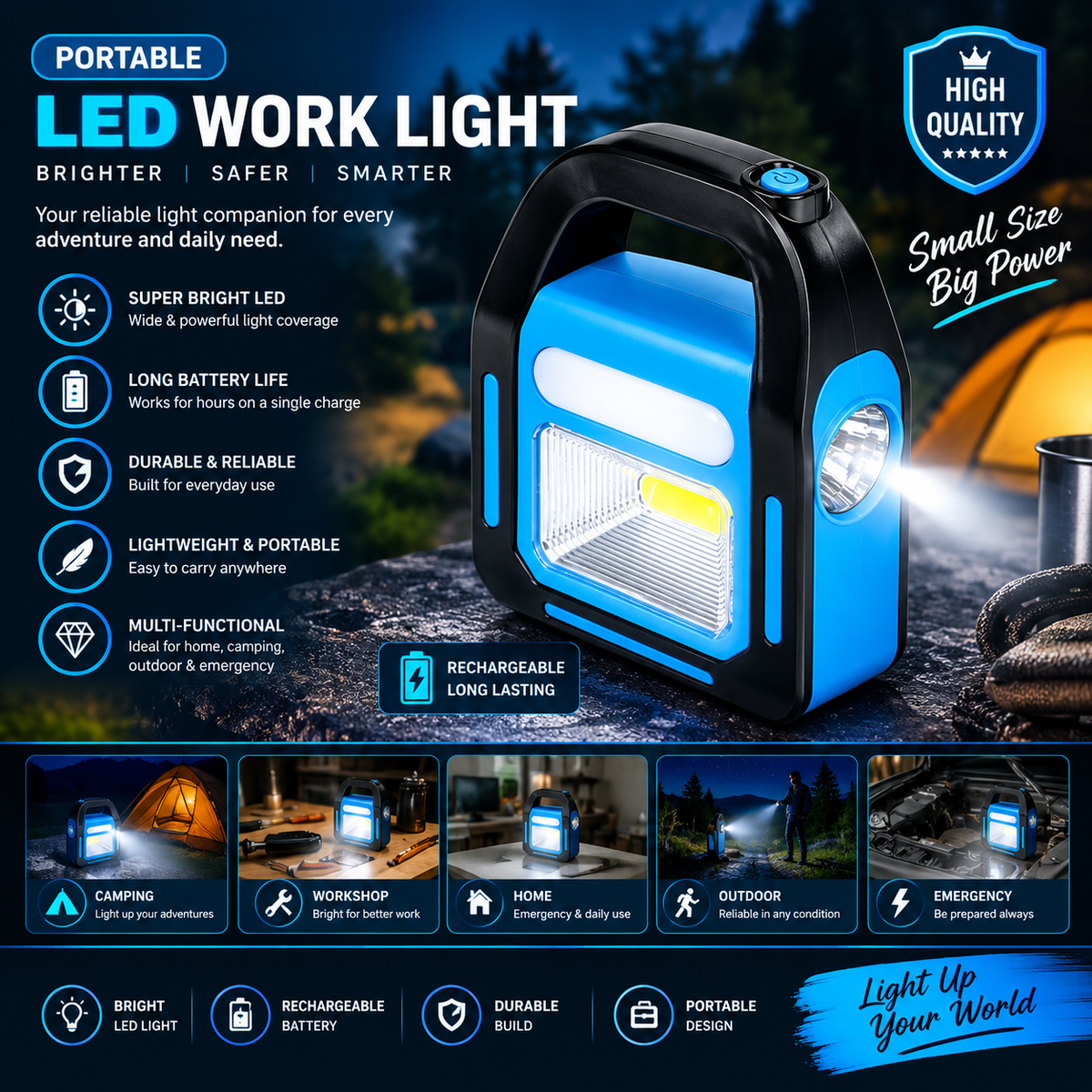 Premium Rechargeable LED Work Light & Portable Emergency Lantern – Multi-Function Flashlight