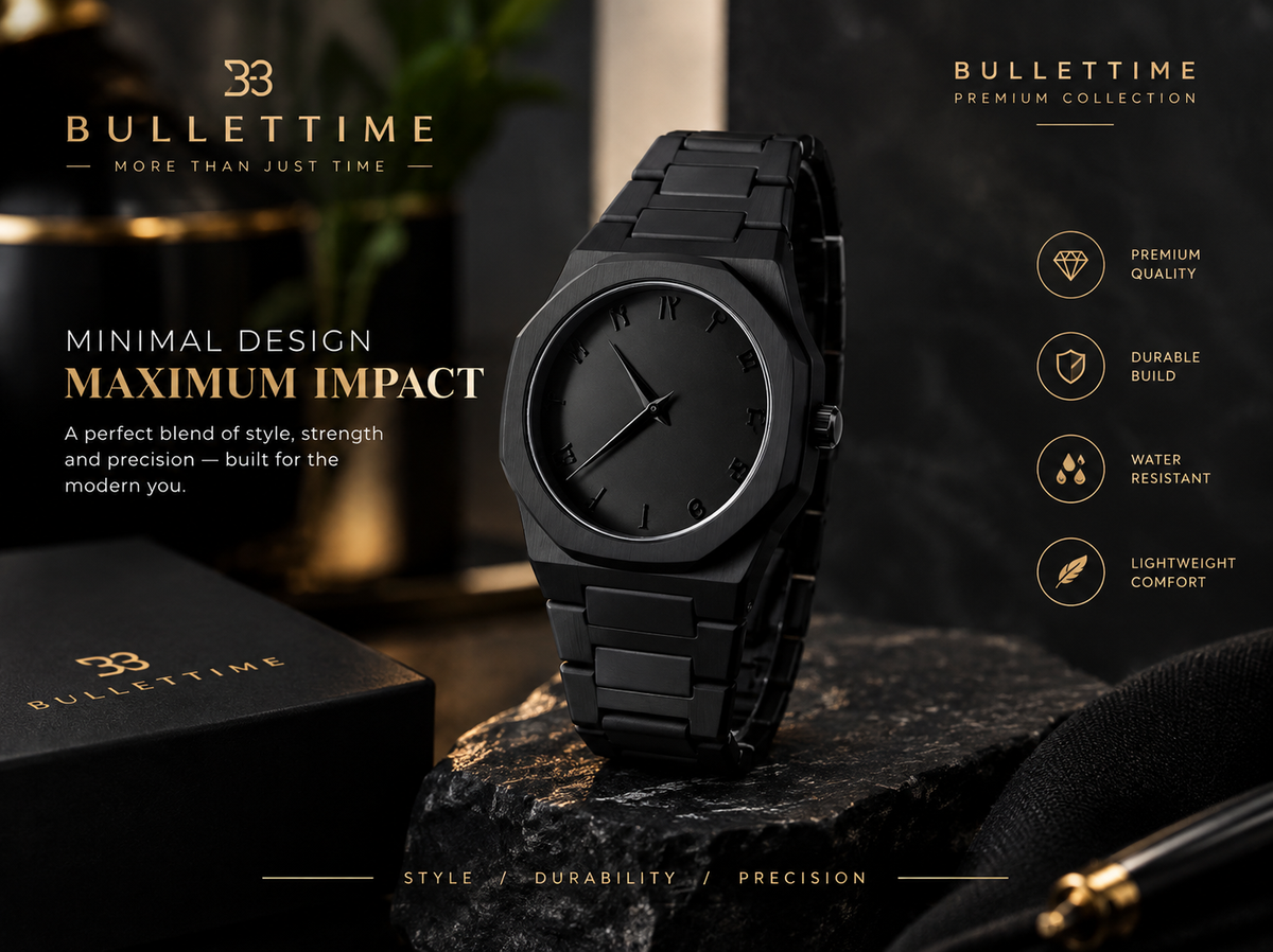 BULLETTIME Matte Black Luxury Watch — Minimal Design, Maximum Impact