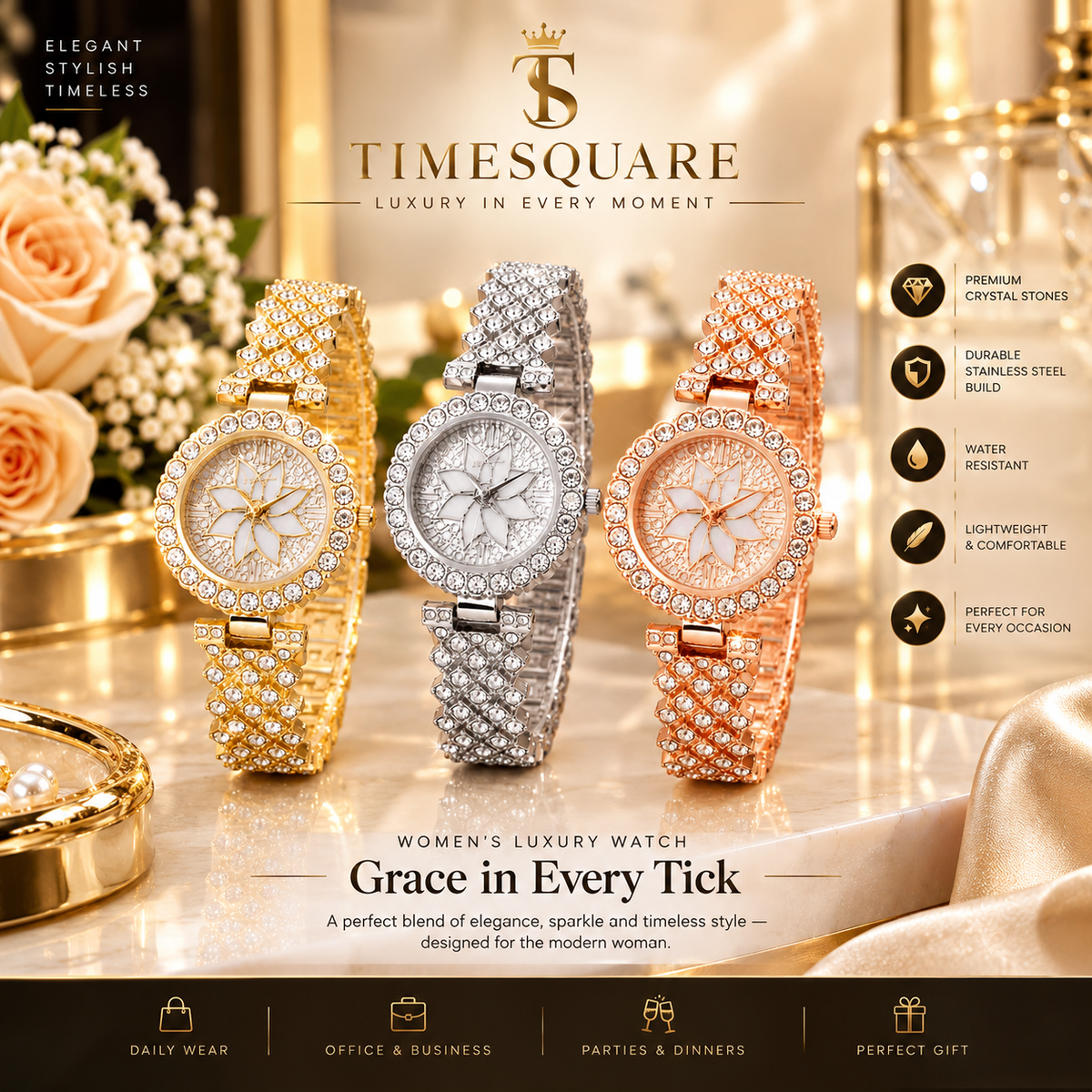 TIME SQUARE Crystal Elegance Women’s Luxury Watch — Grace in Every Moment