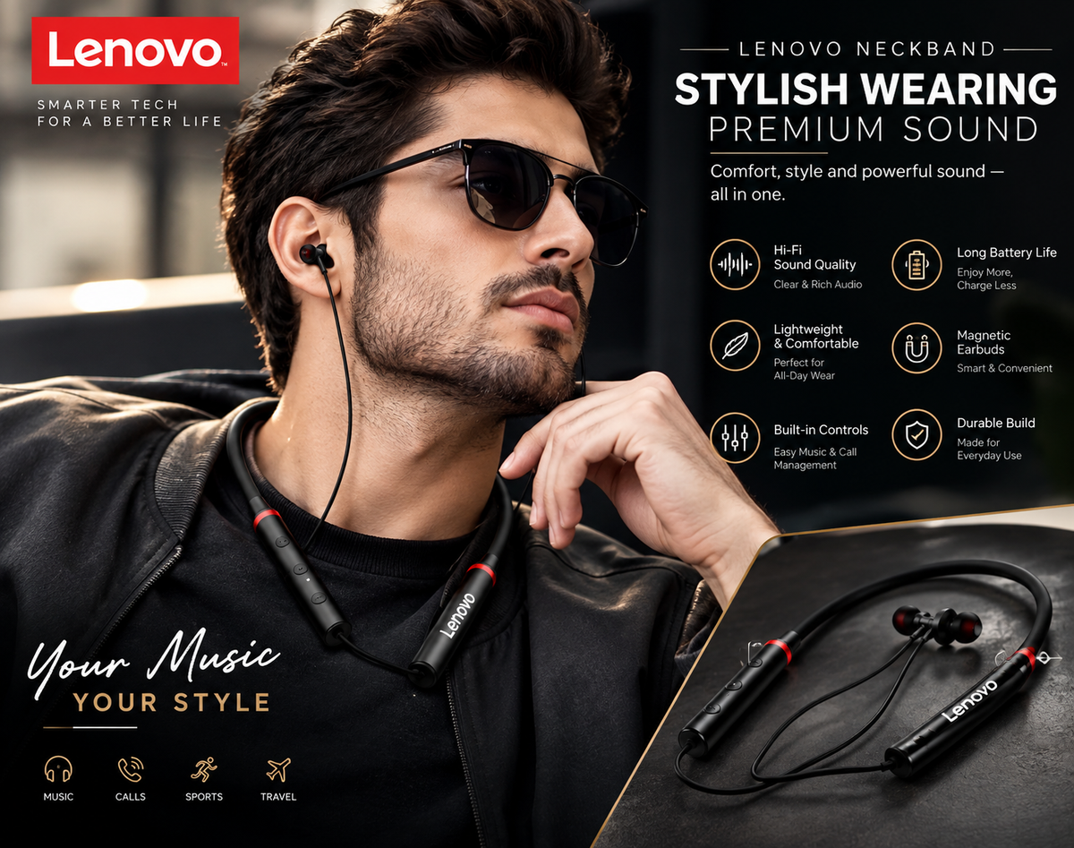 Lenovo Premium Neckband Earphones — Immersive Sound, All-Day Comfort