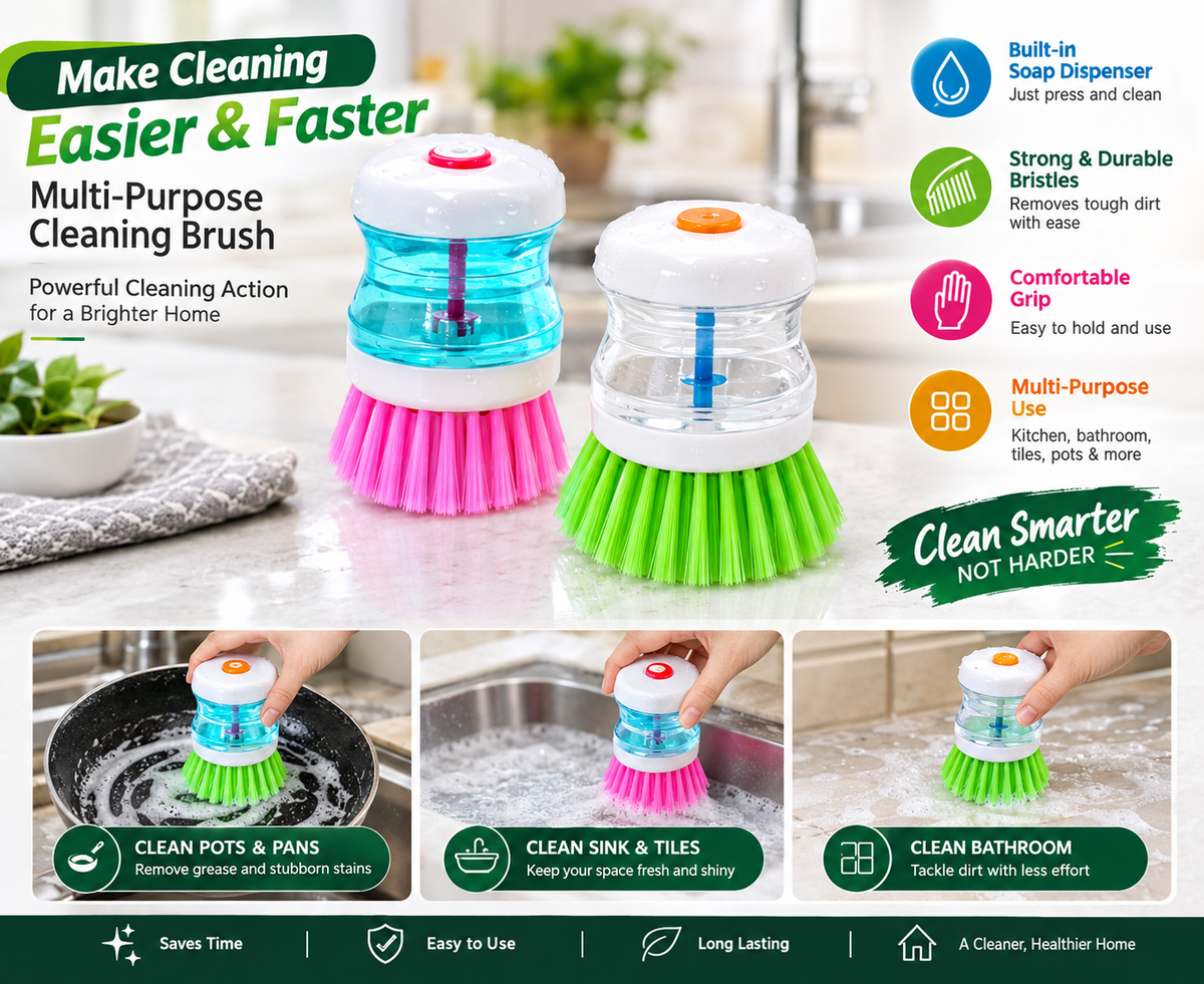 2-in-1 Soap Dispenser Dishwashing Scrub Brush – Easy-Grip Kitchen Cleaning Brush
