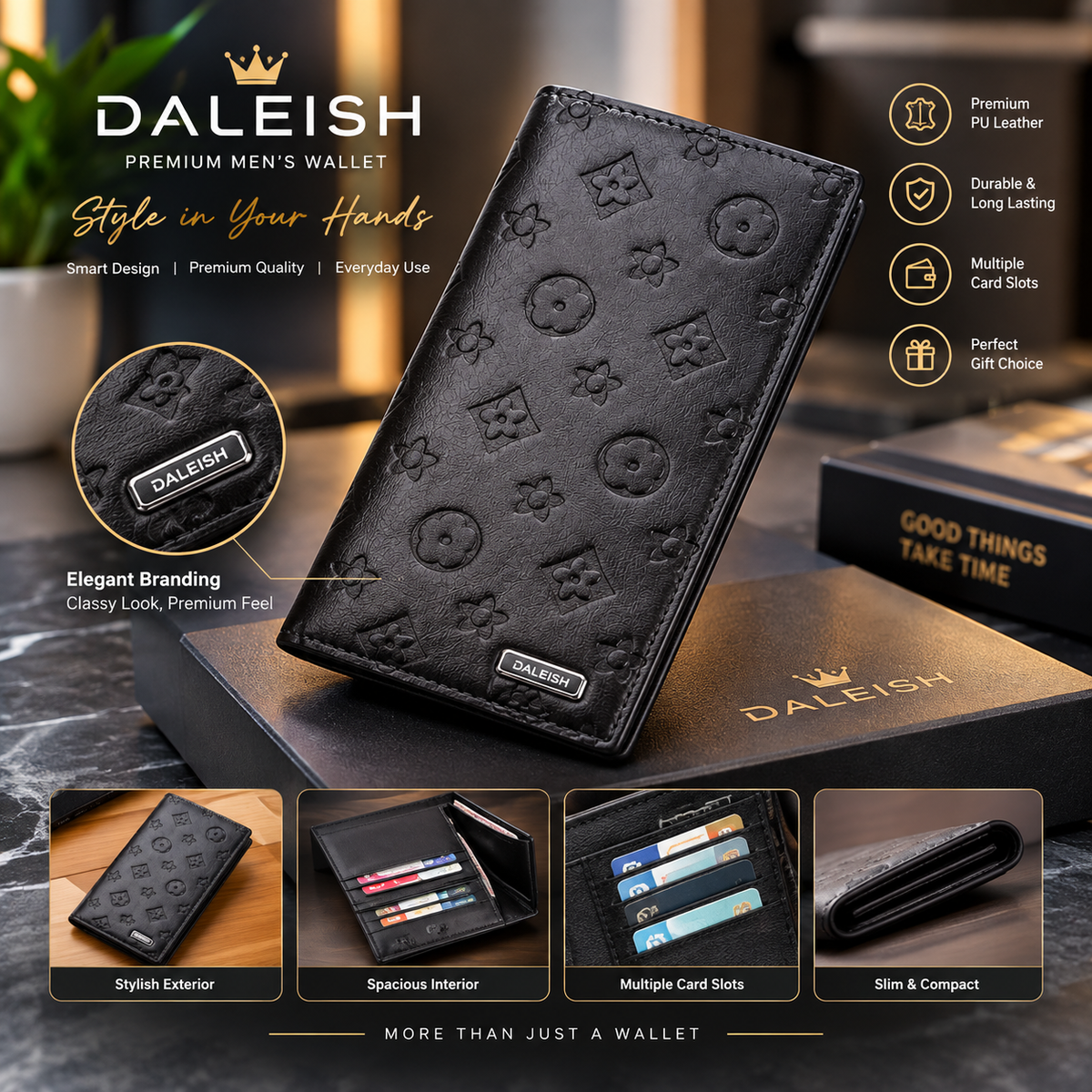 DALEISH Luxury Embossed Leather Wallet – Premium Men’s Slim Bifold Wallet