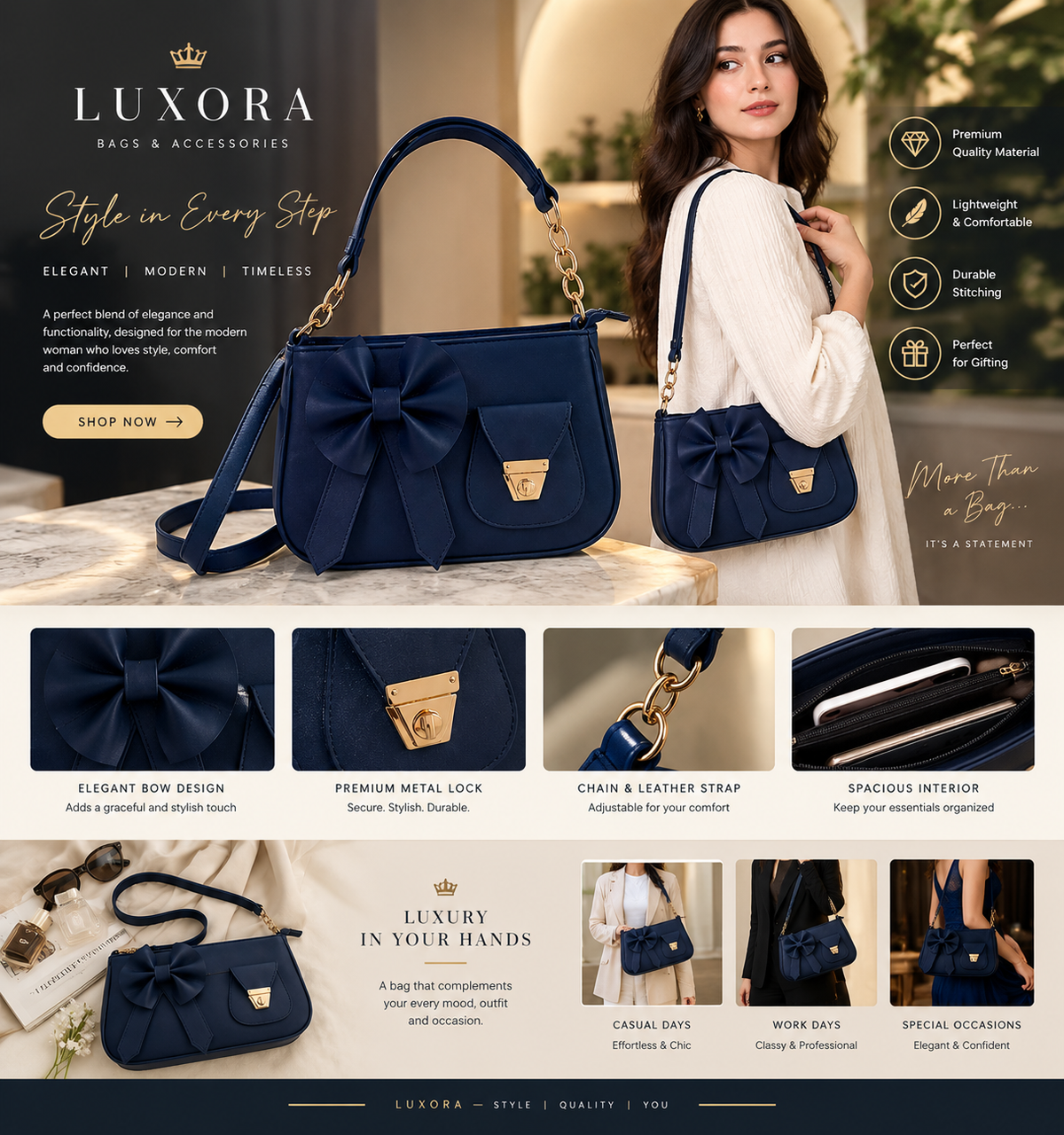 UXORA Luxury Women’s Bow Handbag – Elegant Navy Blue Shoulder & Crossbody Bag