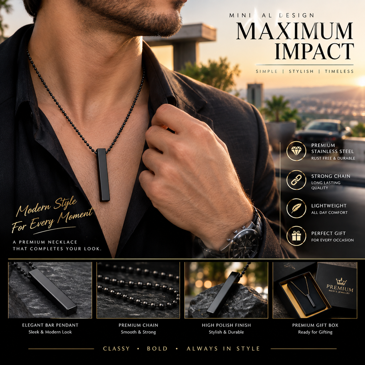 Matte Black Bar Pendant Necklace – Minimalist Men’s Premium Statement Chain