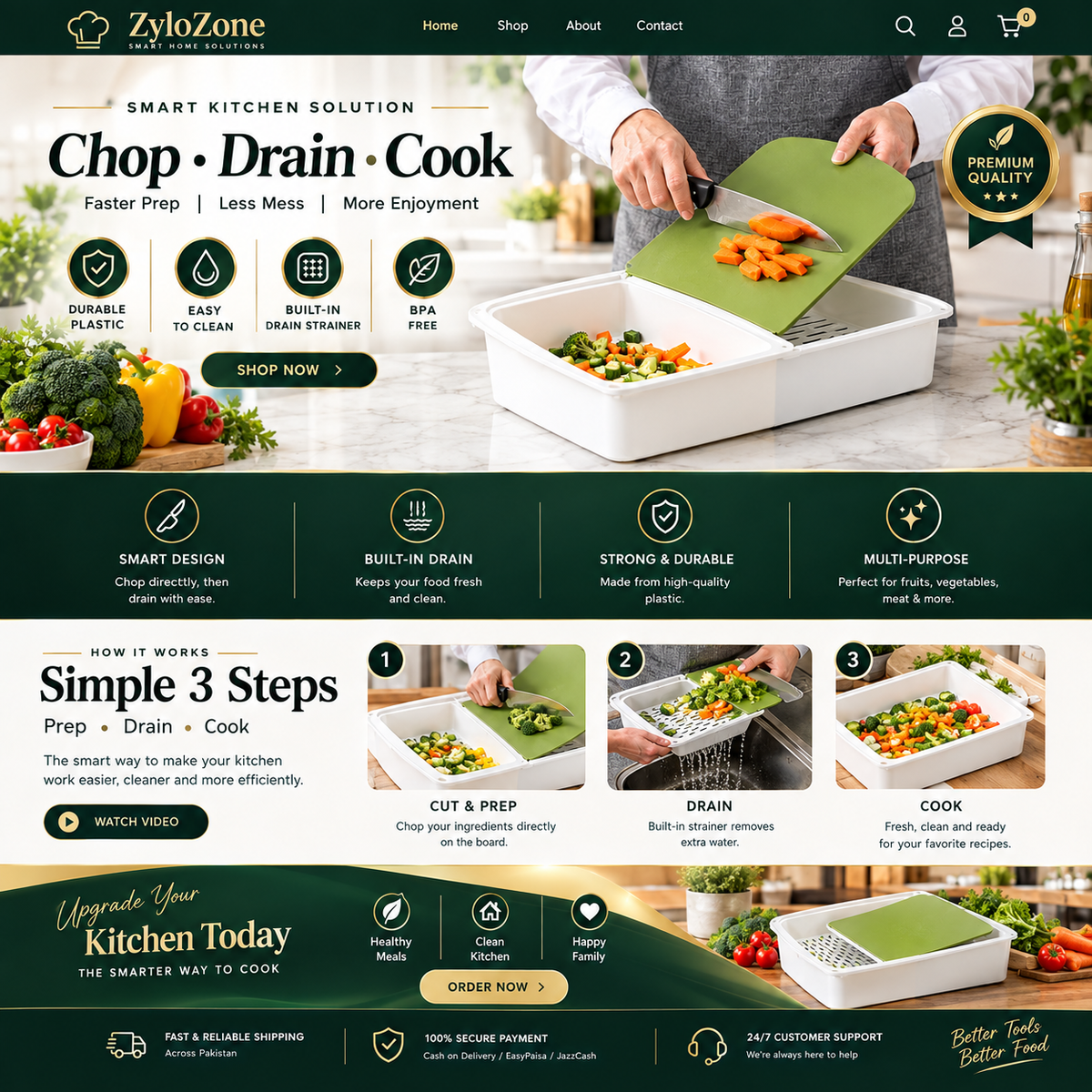 3-in-1 Multifunctional Kitchen Cutting, Draining & Food Prep Tray